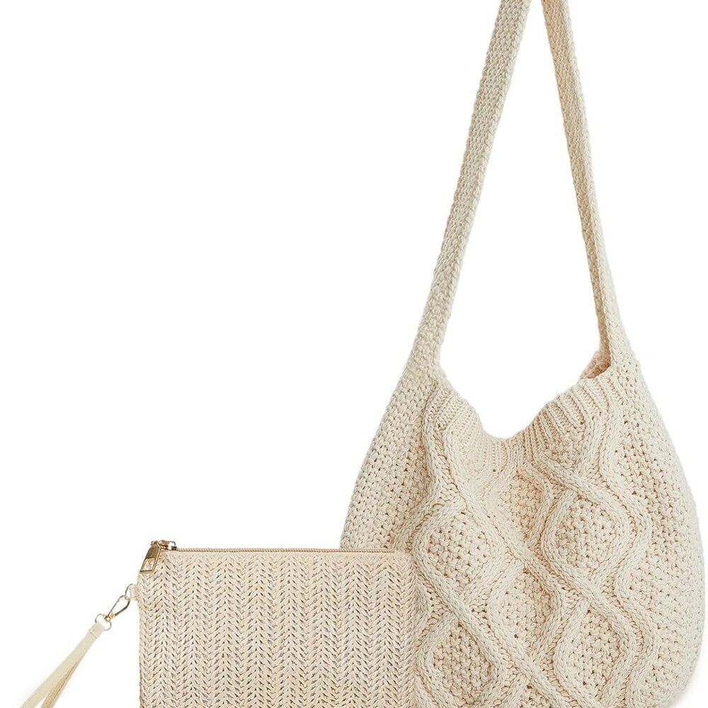 Crochet Tote Bag with Wallet Women's Summer Beach Boho Shoulder Handbag